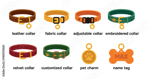 Pet accessories icons set – flat, filled, customizable dog and cat collar symbols