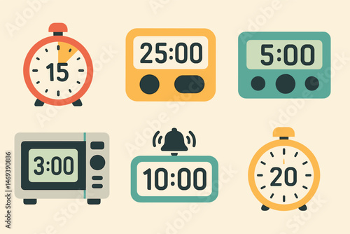 Time and alarm clock icons set – flat, filled, countdown and timer symbols