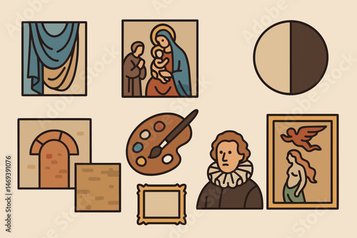 Renaissance art outline icons set – classic, historic, cultural and museum symbols