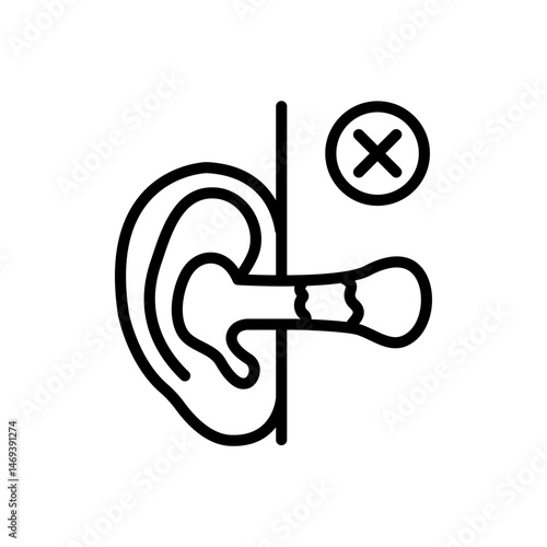 Sulfur plug outline icon. A buildup of earwax blocking the ear canal simple sign. Improper ear hygiene leading to hearing loss logo. Medical vector isolated on white background.