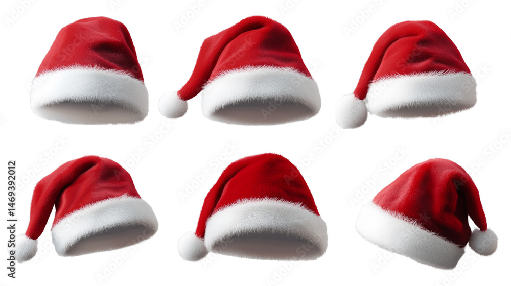 A set of six red Santa hats in various angles, showcasing festive spirit, isolated on a transparent background for holiday stock photography A set of six red Santa hats in various angles, showcasing festive spirit, isolated on a transparent background for holiday stock photography
