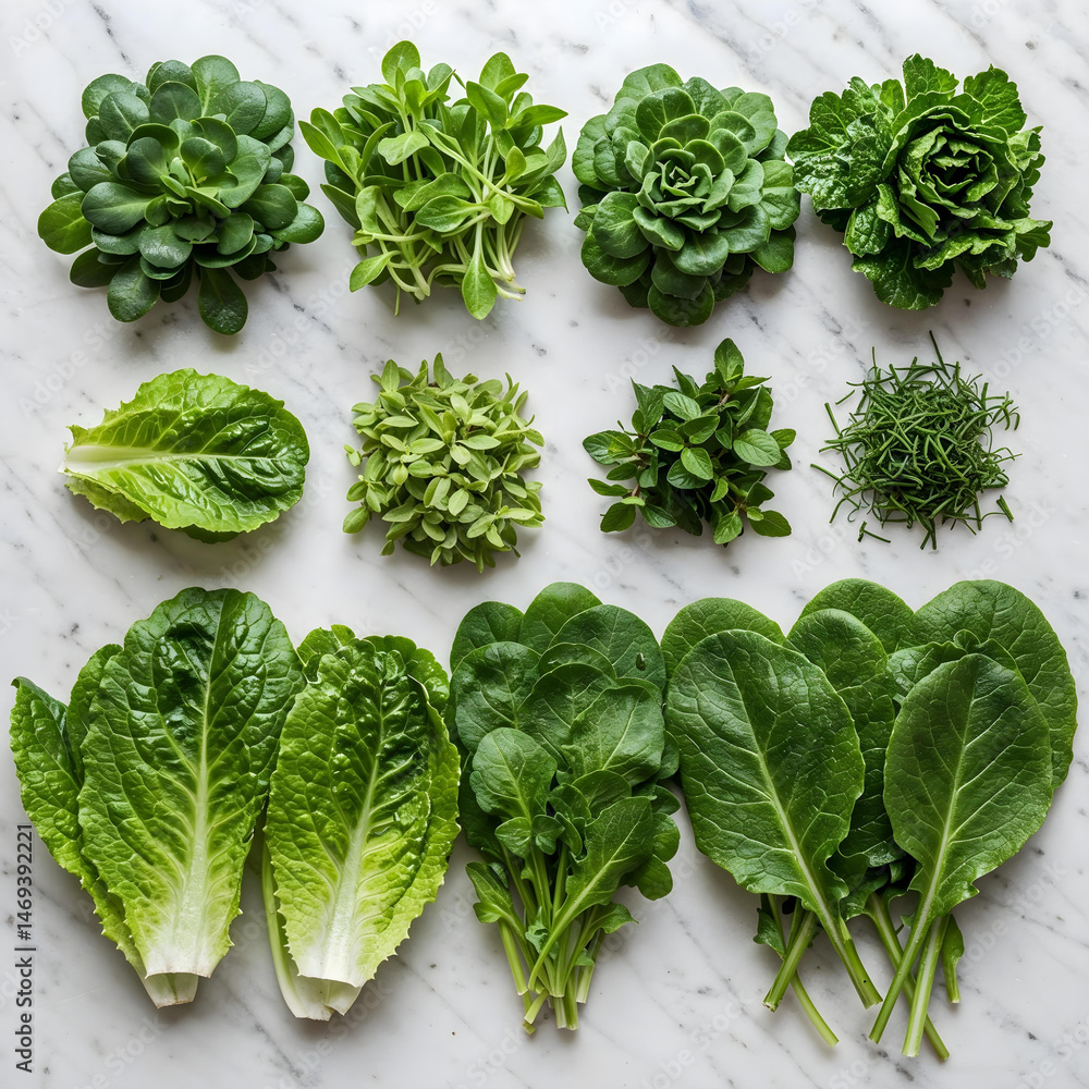 Obraz premium Green Vegetables and Fruits Flat Lay on White Background