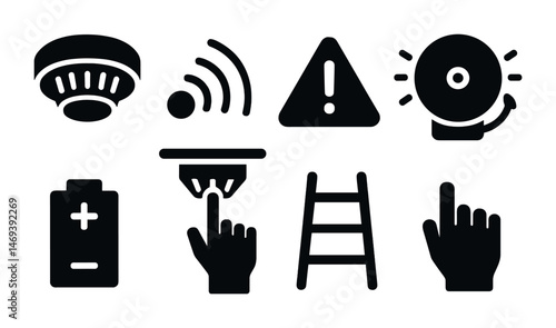 Fire safety solid icons set – alarm, emergency, warning symbols