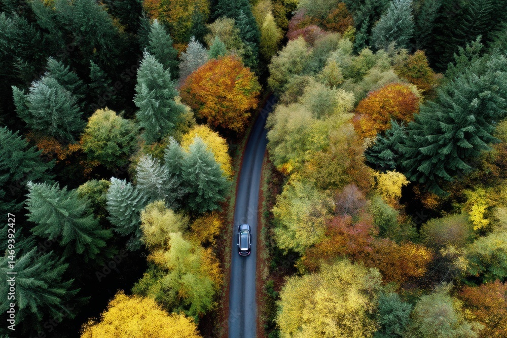 Car Driving Along a Winding Road Through a Vibrant Autumn Forest With Colorful Foliage Generative AI