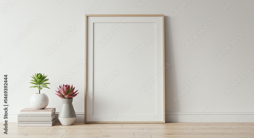 Fototapeta premium Picture frame with plants and books indoor