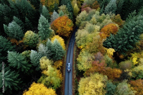 Obraz na płótnie Car Driving Along a Winding Road Through a Vibrant Autumn Forest With Colorful Foliage Generative AI w salonie