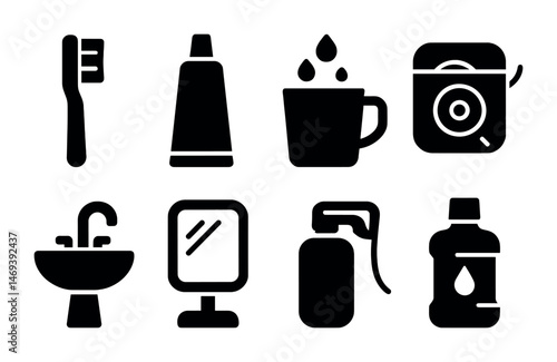 Bathroom essentials solid icons set – hygiene, silhouette, dental care symbols