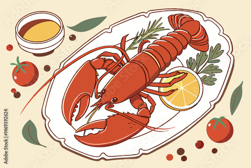 9 Photorealistic plate of lobster, gourmet seafood presentation, ornate white ceramic dish, lemon wedges, cherry tomato, fresh herbs, colorful sauces, vibrant food photography, top-down view, intricat