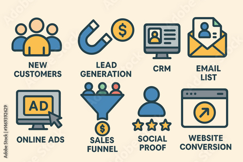 Business and marketing icons set – flat style, sales and crm symbols