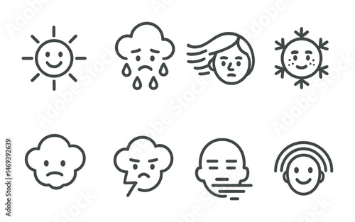 Weather mood icons set – line, outline, expressions and climate symbols