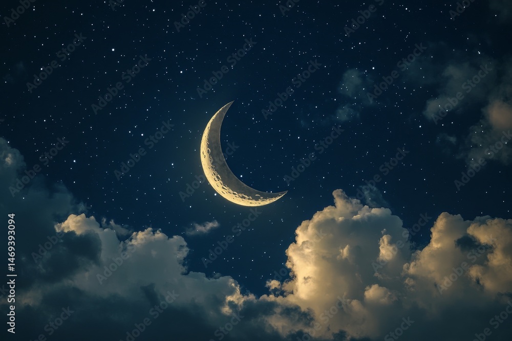Fototapeta premium Crescent moon, night sky, clouds, stars. A beautiful night scene with a crescent moon, stars, and fluffy clouds