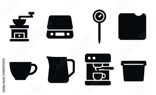 Coffee equipment solid icons set – flat, filled, barista and brewing symbols