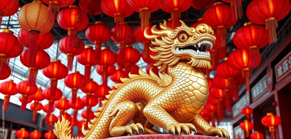 Fototapeta premium Ornate golden dragon statue amidst vibrant red lanterns, ample negative space, art, celebration
