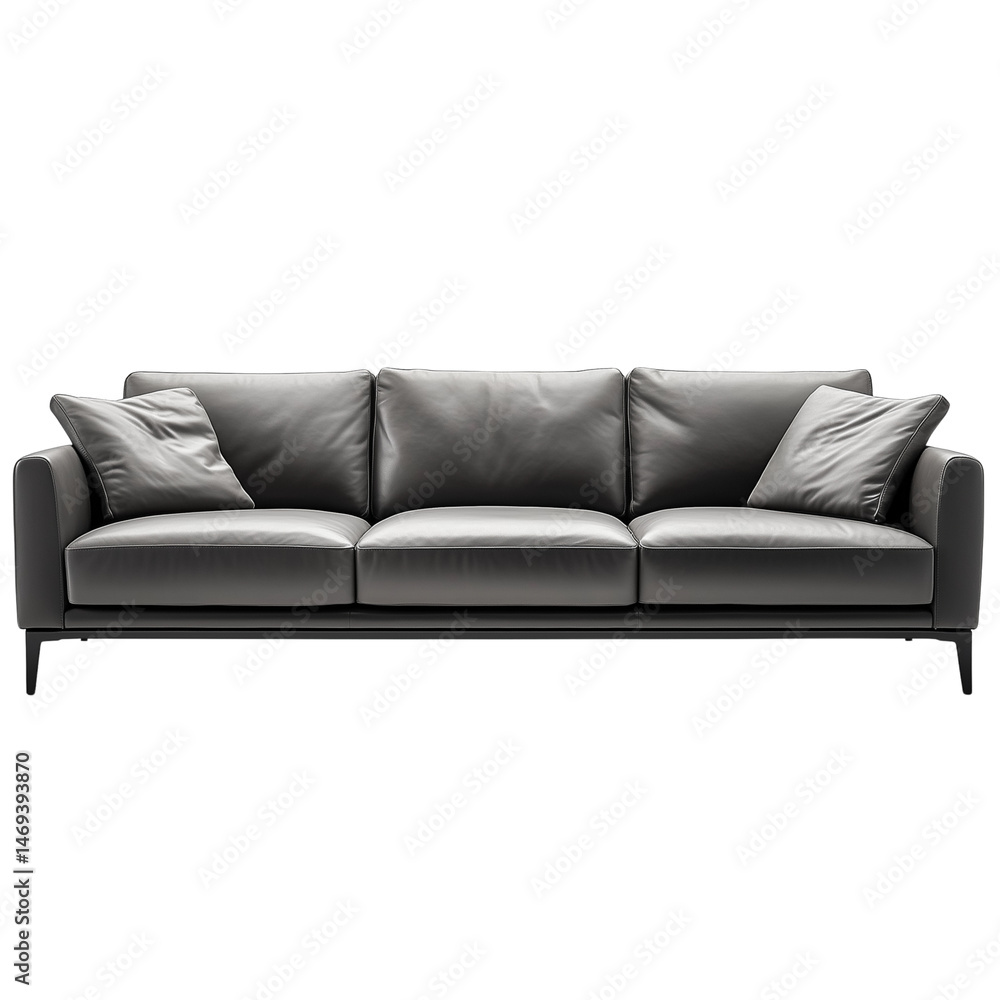 Obraz premium A set of sleek grey leather 3-seater sofas with modern design, isolated on a transparent background