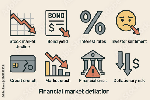 Financial market deflation icons set – flat, solid, investment and economic symbols
