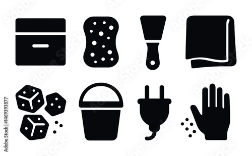 Cleaning and maintenance solid icons set – flat, filled, housekeeping tools