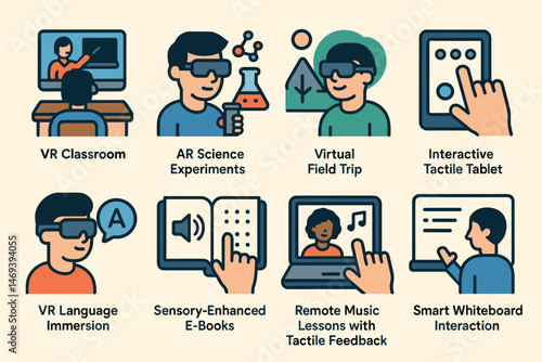 Technology education flat icons set – vr, ar, digital learning graphics