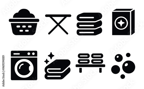 Laundry and cleaning solid icons set – bold, filled, washing and housekeeping symbols