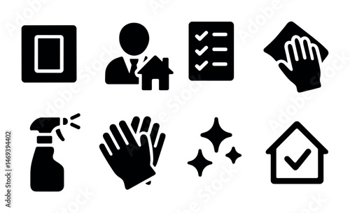Cleaning silhouette icons set – filled, solid, housekeeping and sanitation symbols