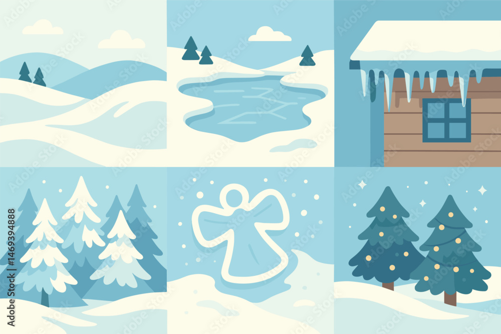 Winter wonderland flat icons set – snow, holiday, seasonal decorations Winter wonderland flat icons set – snow, holiday, seasonal decorations