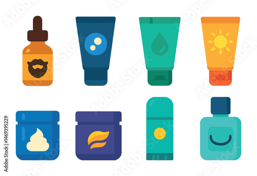 Men's grooming flat icons set – barber, skincare, hygiene symbols