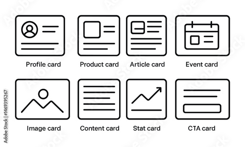 User interface outline icons set – linear, profile, product, and content symbols