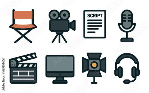 Film and television icons set – flat, filled, multimedia production symbols