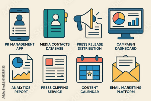 Pr management flat icons set – media, communication, public relations symbols