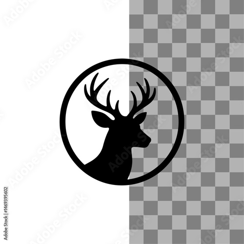 Deer, Monochrome deer head silhouette with antlers in a circular emblem design. Illustration of a deer jumping icon silhouette, deer head icon