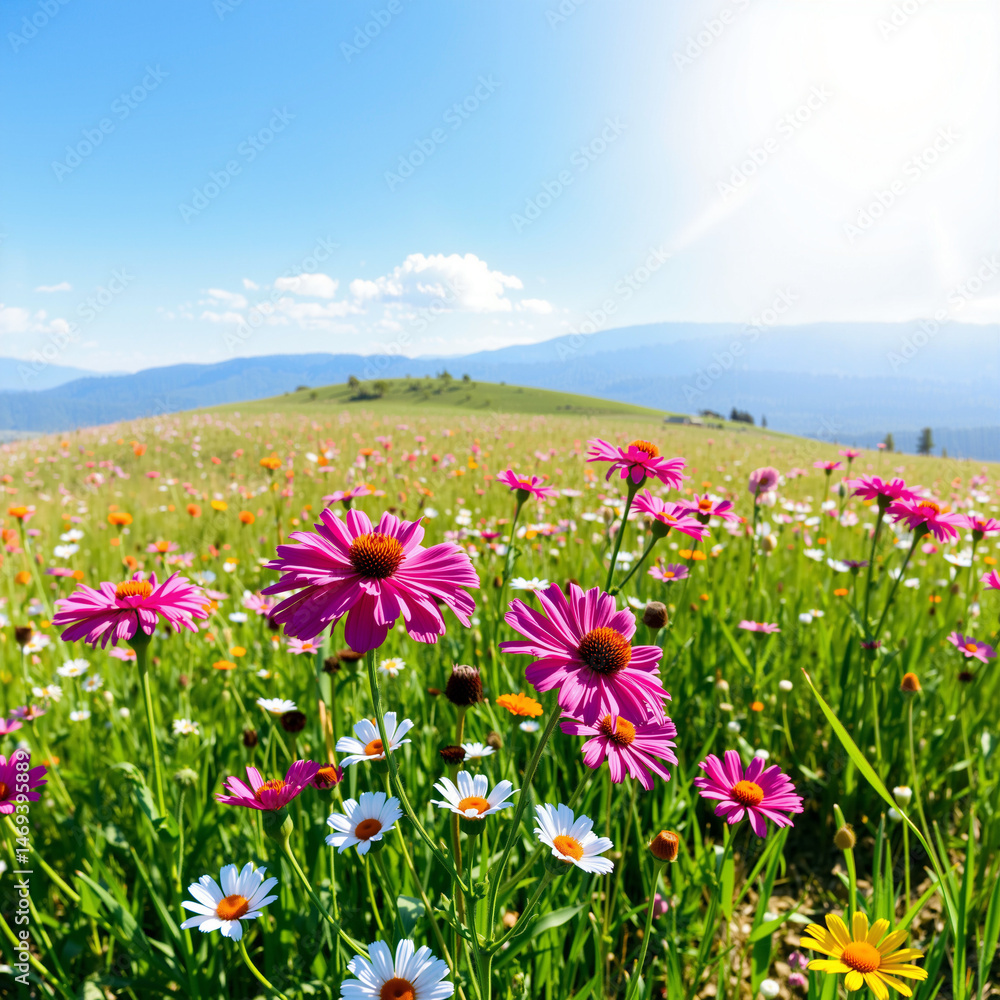 Obraz premium Vibrant Wildflower Field Under a Clear Summer Sky