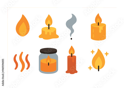 Candles and flames flat icons set – filled, silhouette, wax and fire symbols