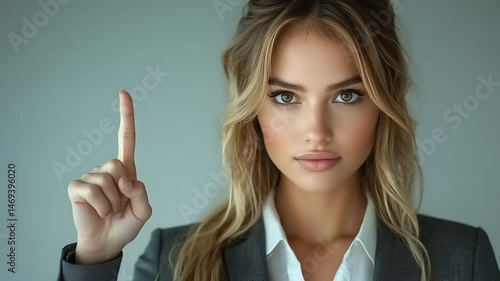 Wallpaper Mural Businesswoman pointing up with gray background. Torontodigital.ca