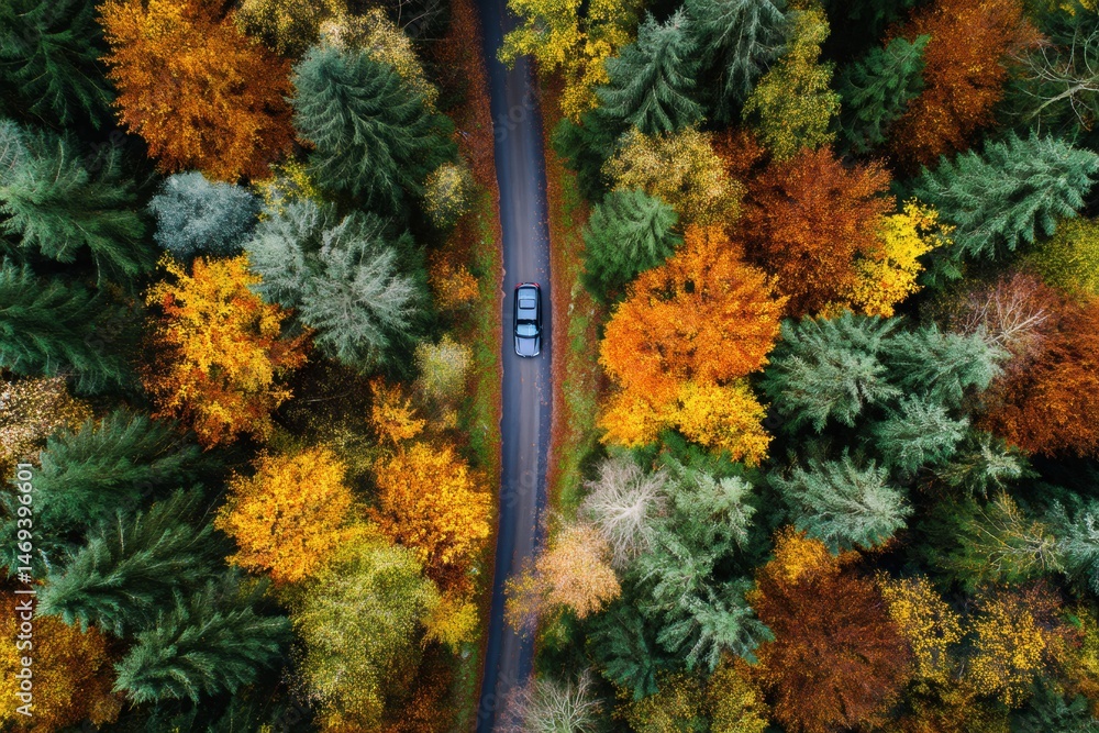 Car Travels Through a Colorful Autumn Forest Along a Winding Road With Vibrant Trees Surrounded by Rich Foliage Generative AI