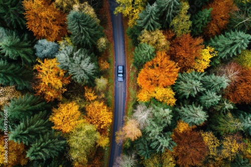 Obraz na płótnie Car Travels Through a Colorful Autumn Forest Along a Winding Road With Vibrant Trees Surrounded by Rich Foliage Generative AI w salonie
