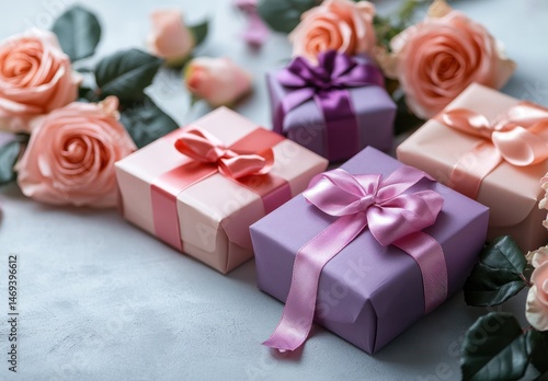 Colorful gift boxes with decorative ribbons surrounded by fresh pink roses and green leaves on a soft gray background