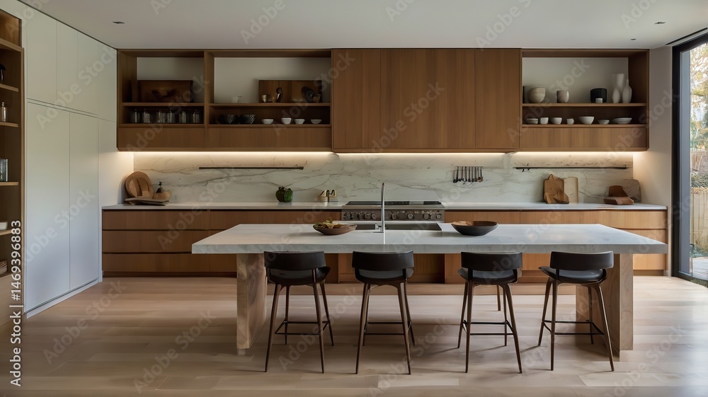 A minimalist large luxury kitchen with open shelving and a simple countertop. A minimalist large luxury kitchen with open shelving and a simple countertop.
