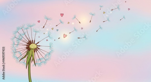 Delicate dandelion with hearts and pastel hues.