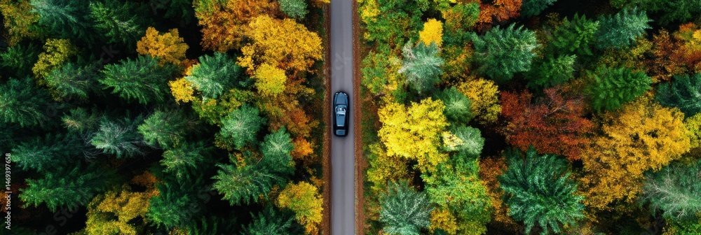 Car Drives Through Autumn Forest Showcasing Vibrant Colors and Peaceful Scenery in an Aerial View Generative AI
