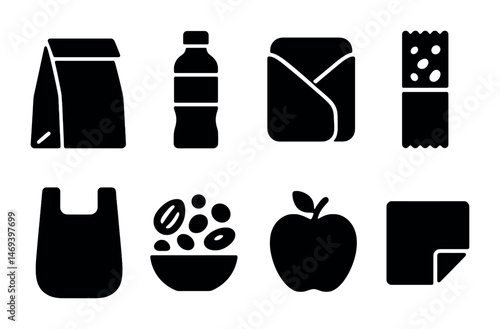 Lunch and snack solid icons set – filled, silhouette, meal and food symbols