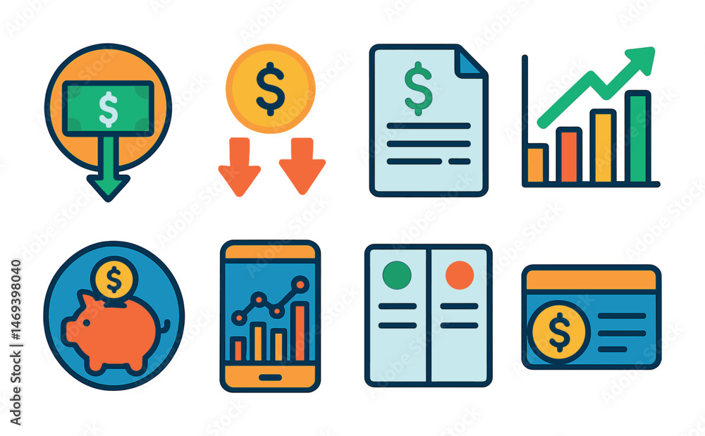 Financial and business icons set – outline, linear, money and investment symbols Financial and business icons set – outline, linear, money and investment symbols