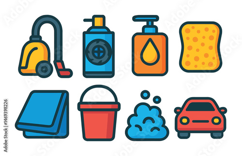 Cleaning and hygiene flat icons set – bright, filled, sanitation tools symbols
