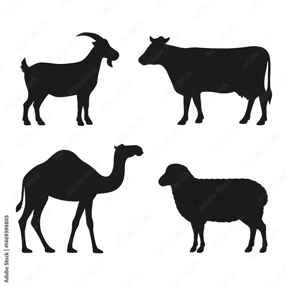 Fototapeta premium Black Silhouettes of Qurbani Animals on White Background,Vector illustration of sacrifice animal,generative with ai 