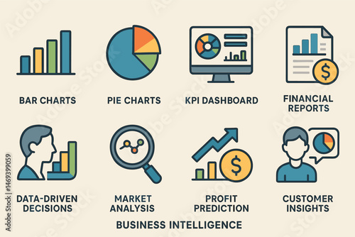 Business intelligence flat icons set – analytics, data-driven insights, reports