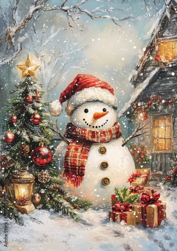 Cheerful Snowman Smiling in Winter Scene with Christmas Decorations