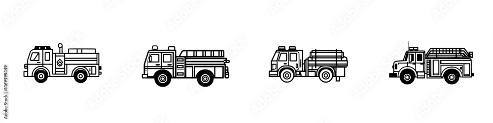 Vector illustration of various fire trucks showcasing diverse designs and features for emergency response situations Vector illustration of various fire trucks showcasing diverse designs and features for emergency response situations