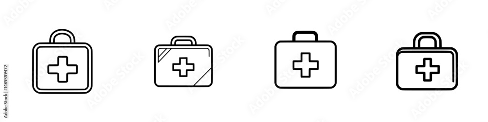 Vector illustration icons of various first aid kits displayed in simple line art style for educational and informational use Vector illustration icons of various first aid kits displayed in simple line art style for educational and informational use