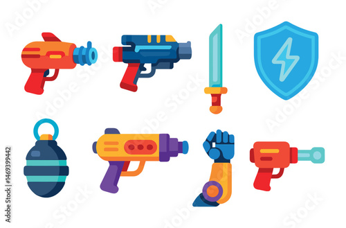 Game weapons flat icons set – solid, filled, gaming and digital armory symbols