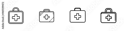 Vector illustration icons of various first aid kits displayed in simple line art style for educational and informational use