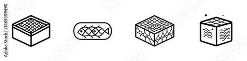Vector illustration of food items including sushi, block fish, and textured cubes, suitable for culinary graphics and menus