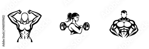 Fitness and strength icons showcasing diverse bodybuilders engaging in weightlifting activities for health and wellness